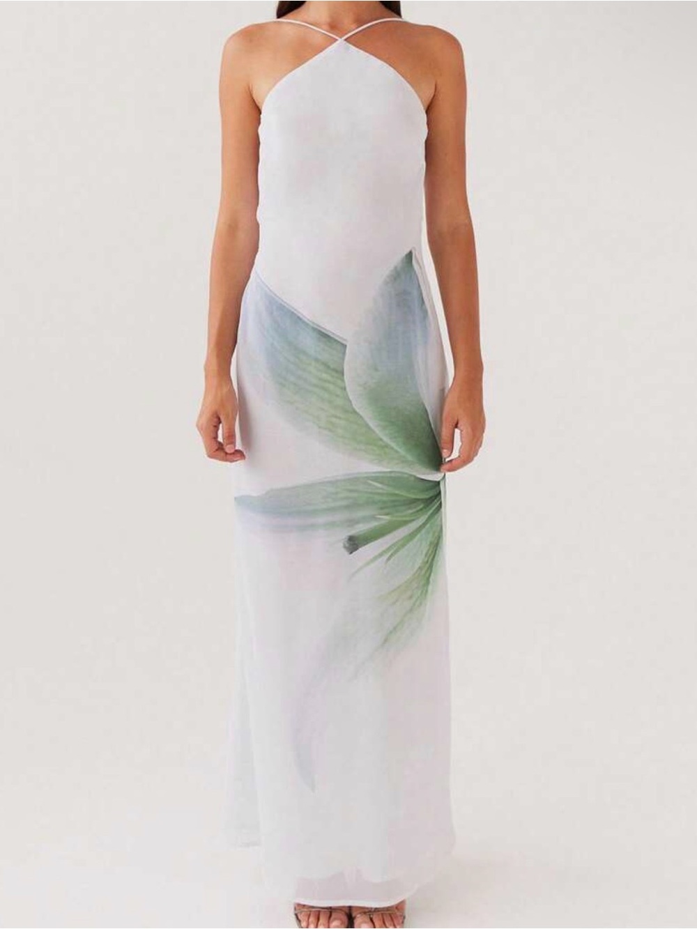 Peppermayo White Halter Maxi Dress with Green Floral Detail